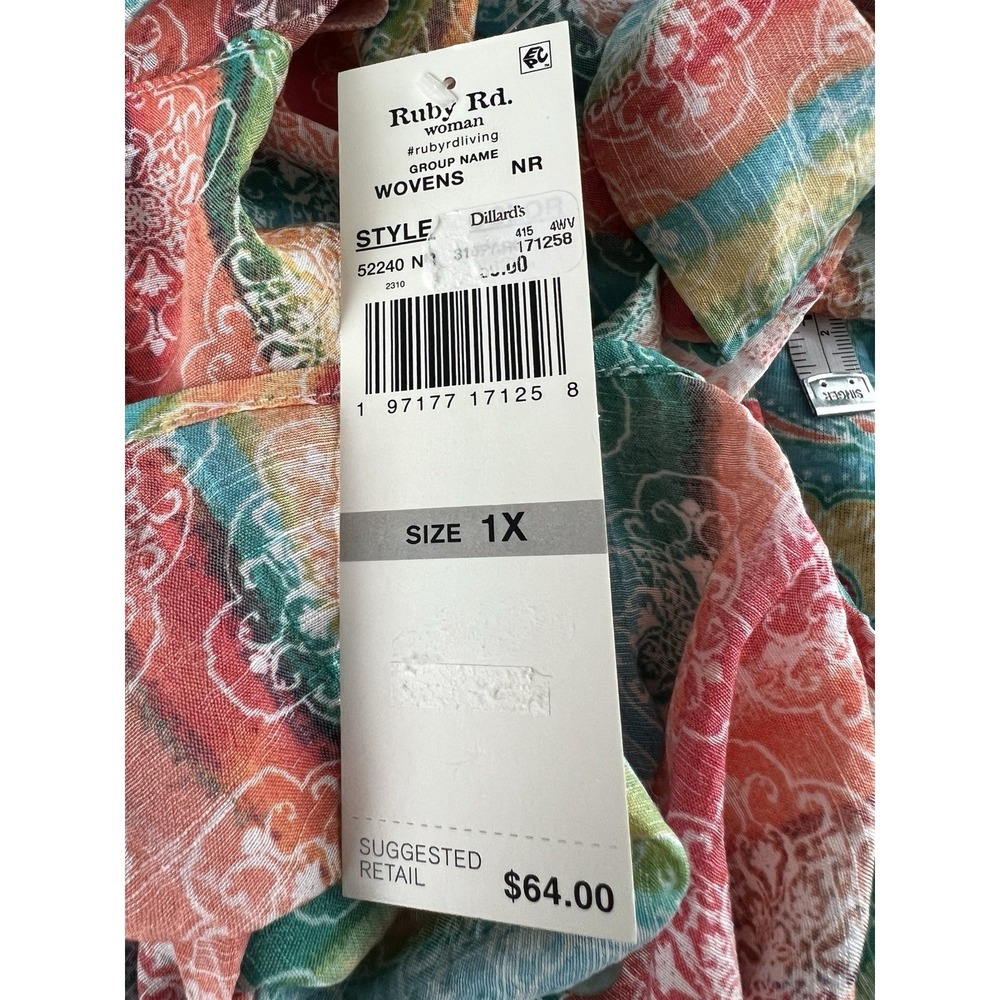 NEW Ruby Rd Woman 1X Rainbow Stripe Paisley Button Front Roll Tab Sleeve Shirt - Picture 6 of 10